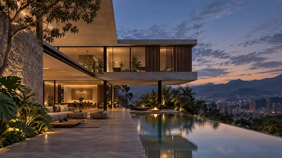 Arquitectura residencial contemporánea en Medellín al atardecer
