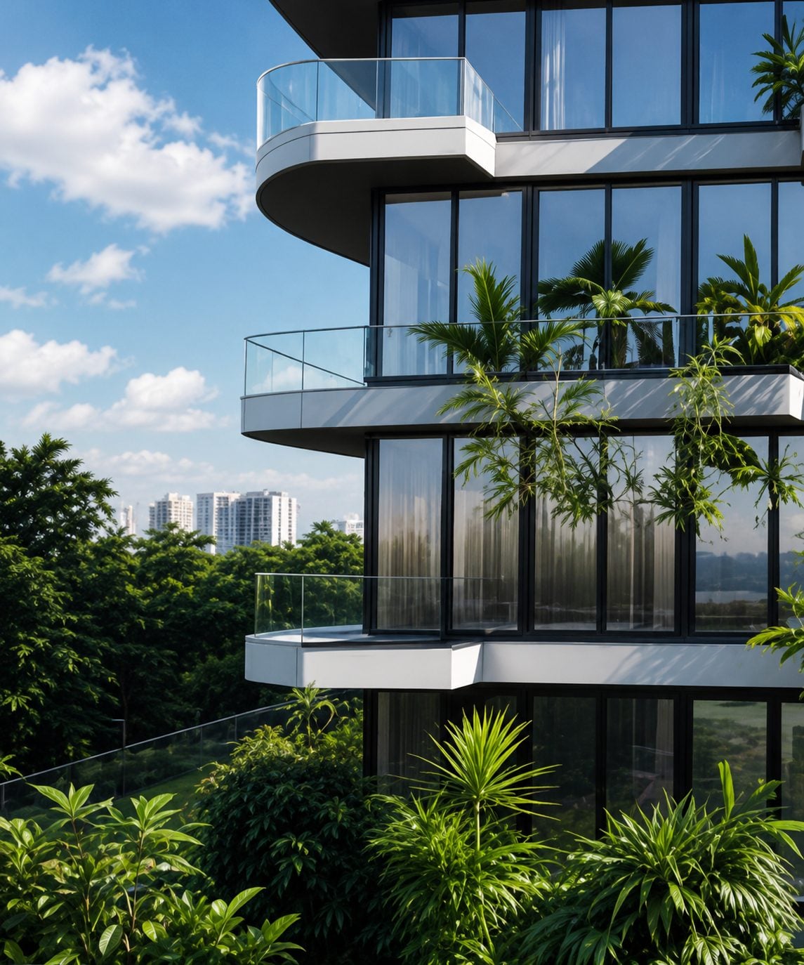 Edificio residencial con balcones curvos y vegetación