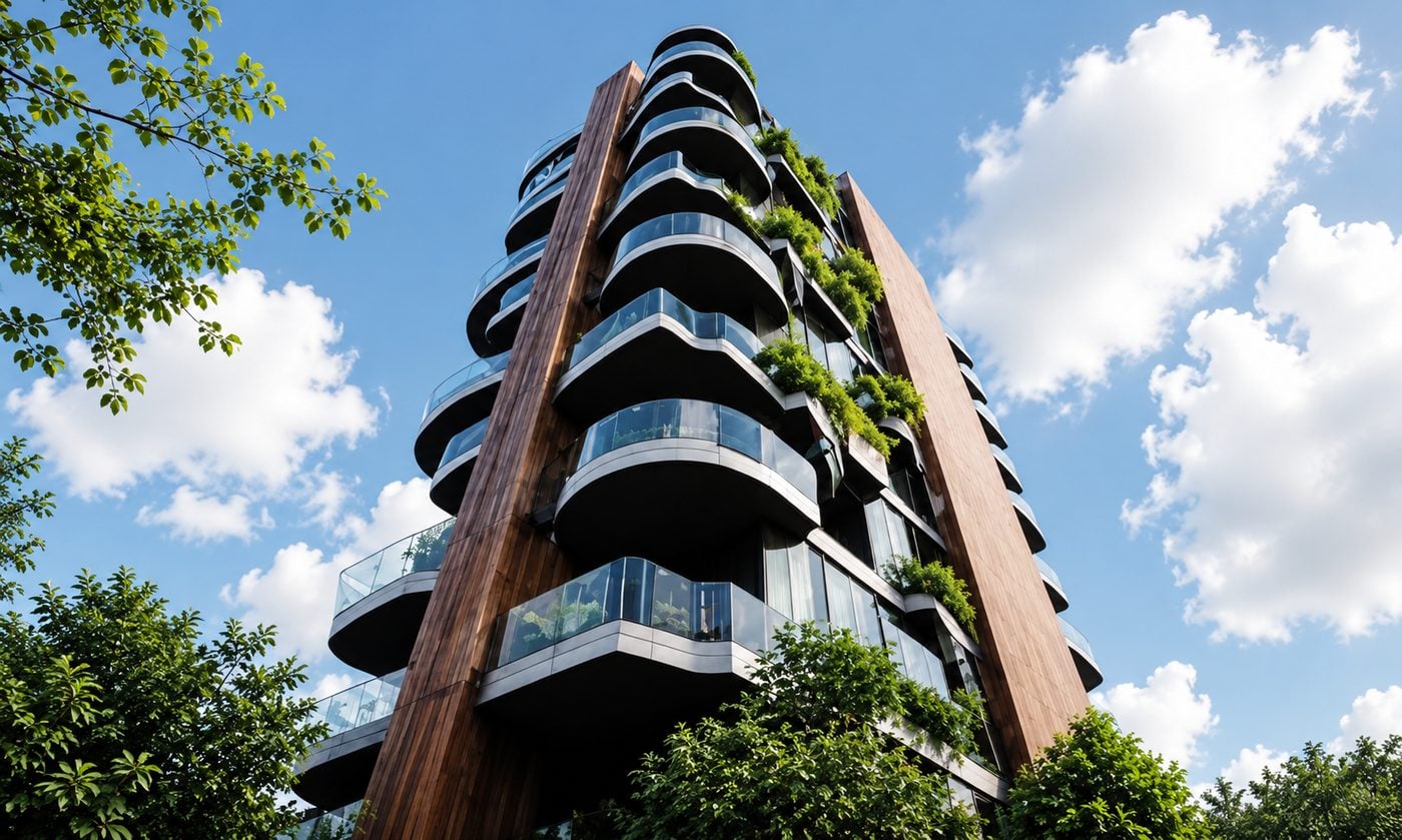 Vista de la torre con paneles verticales de madera y vegetación