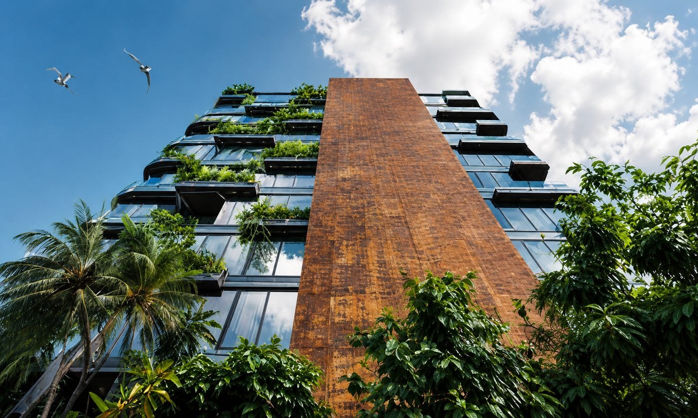 Fachada con panel vertical color óxido y vegetación tropical