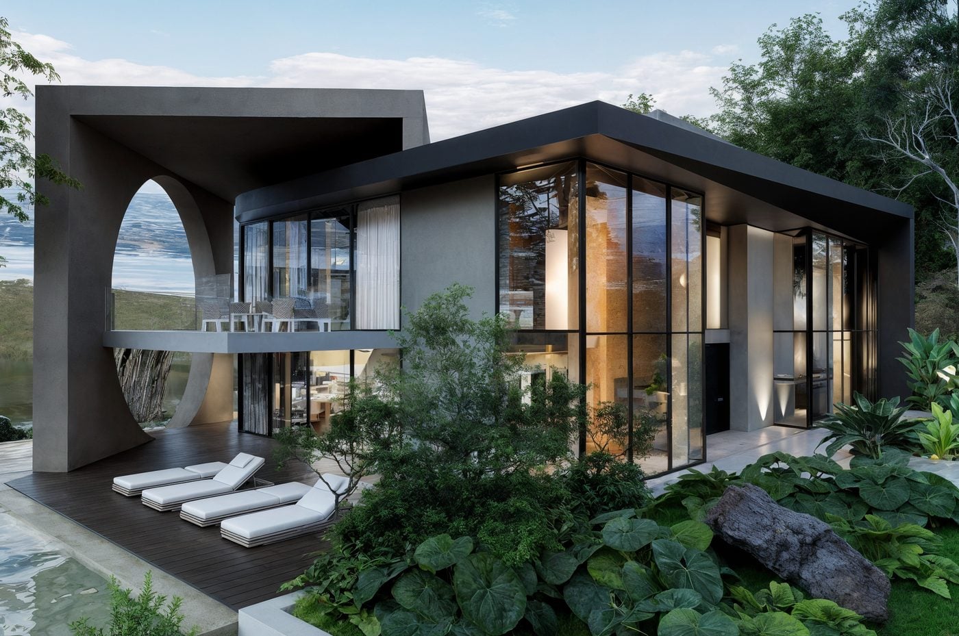 Vivienda de dos niveles con techo negro y deck exterior