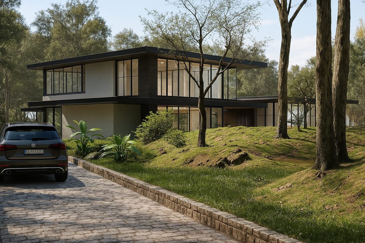 Casa de dos niveles con ventanales y entrada de adoquín