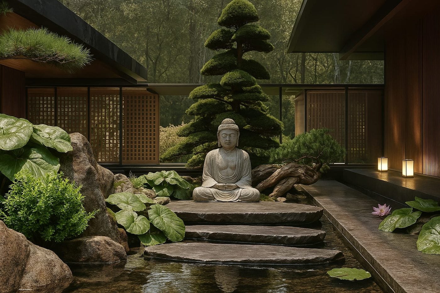 Patio japonés con Buda, estanque de koi y vegetación