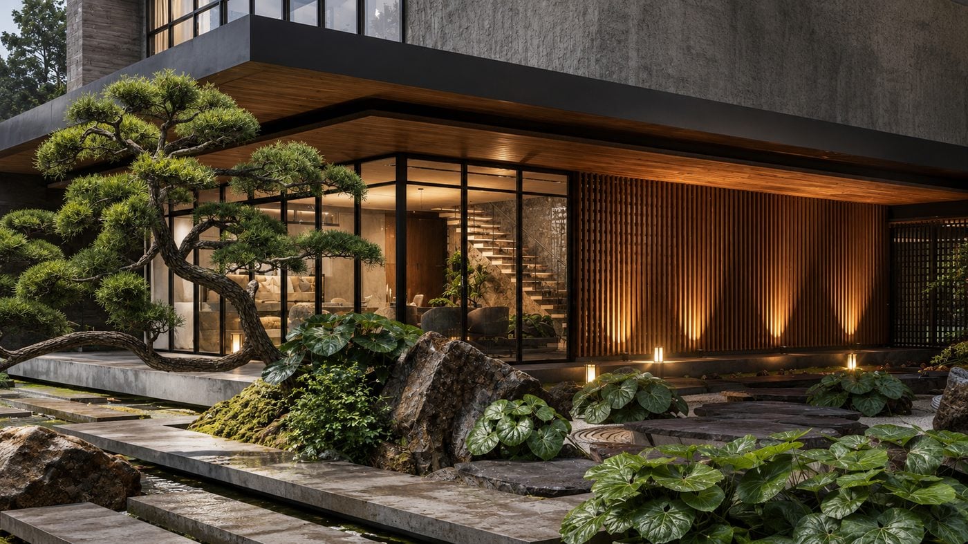 Vivienda con jardín zen, pino escultórico y camino de piedra