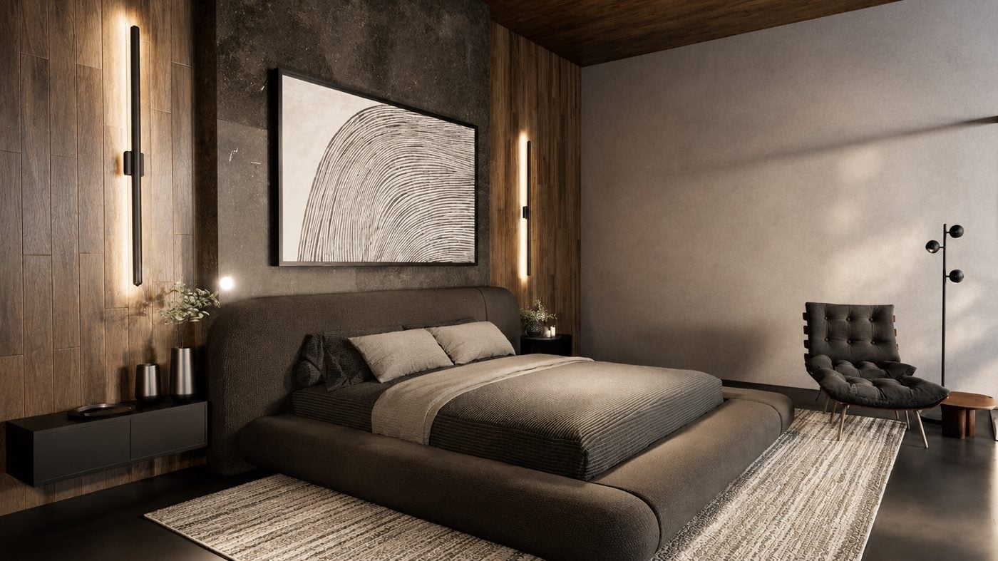 Dormitorio minimalista con paneles de madera y obra abstracta