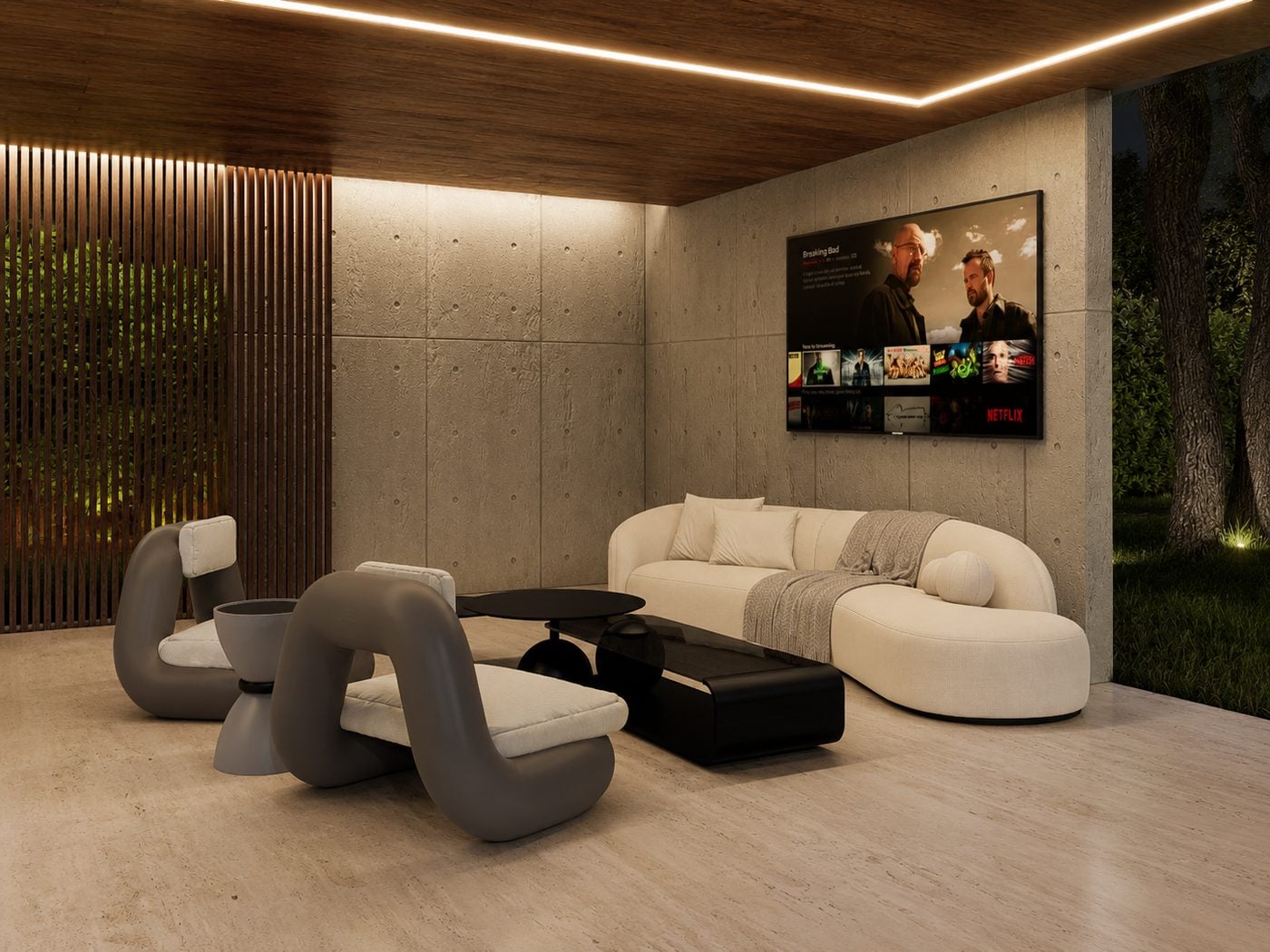 Living semi-abierto con celosía de madera y TV