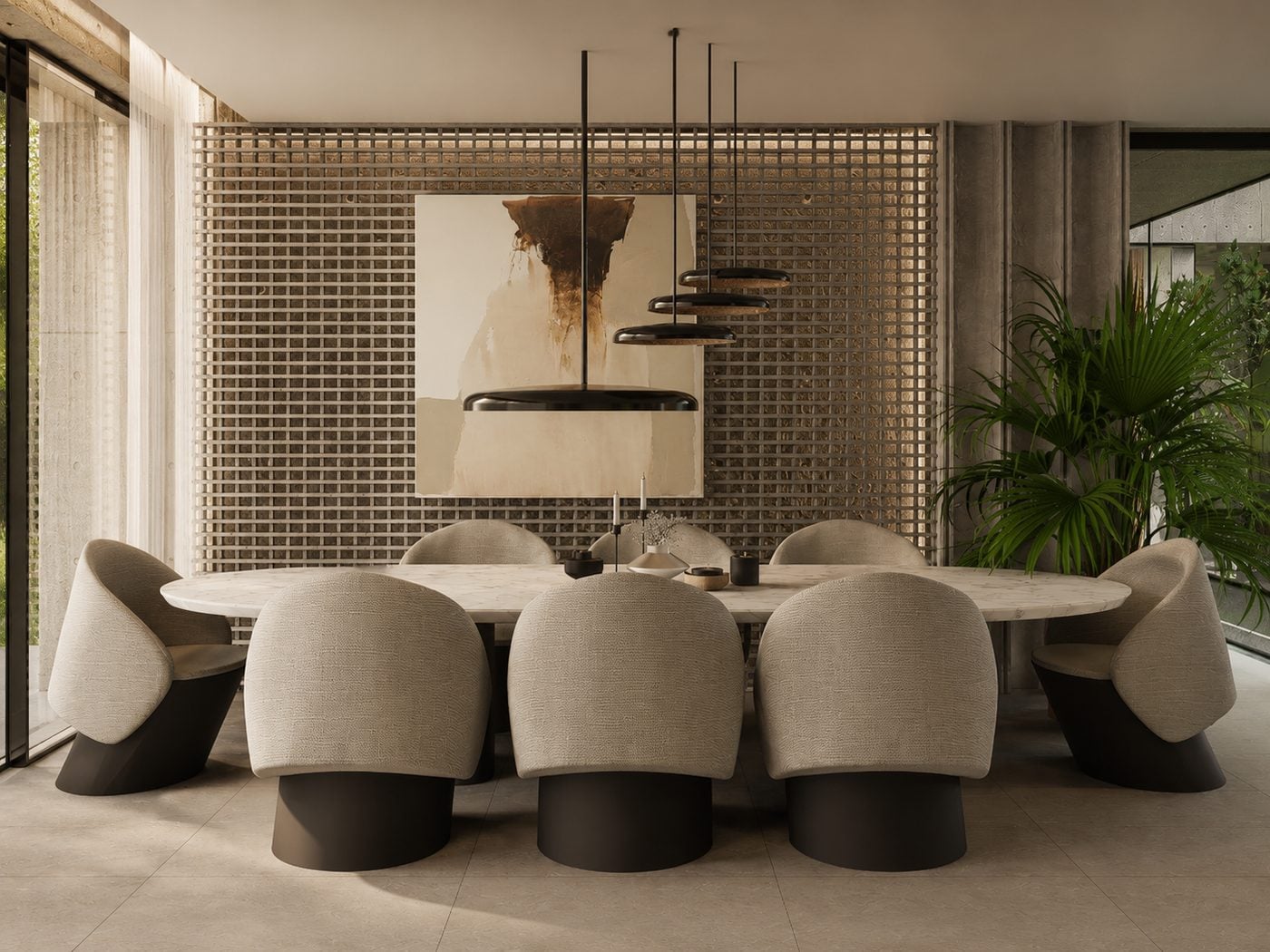 Comedor con mesa de mármol y sillas beige
