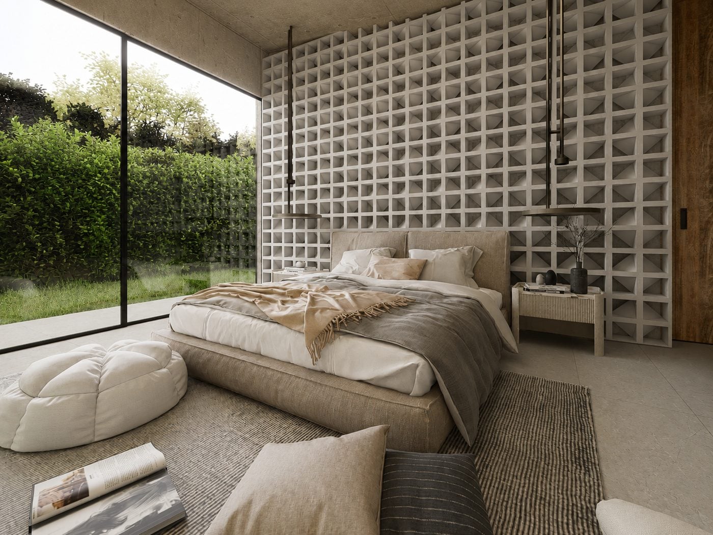 Dormitorio con muro de concreto y ventanal al jardín