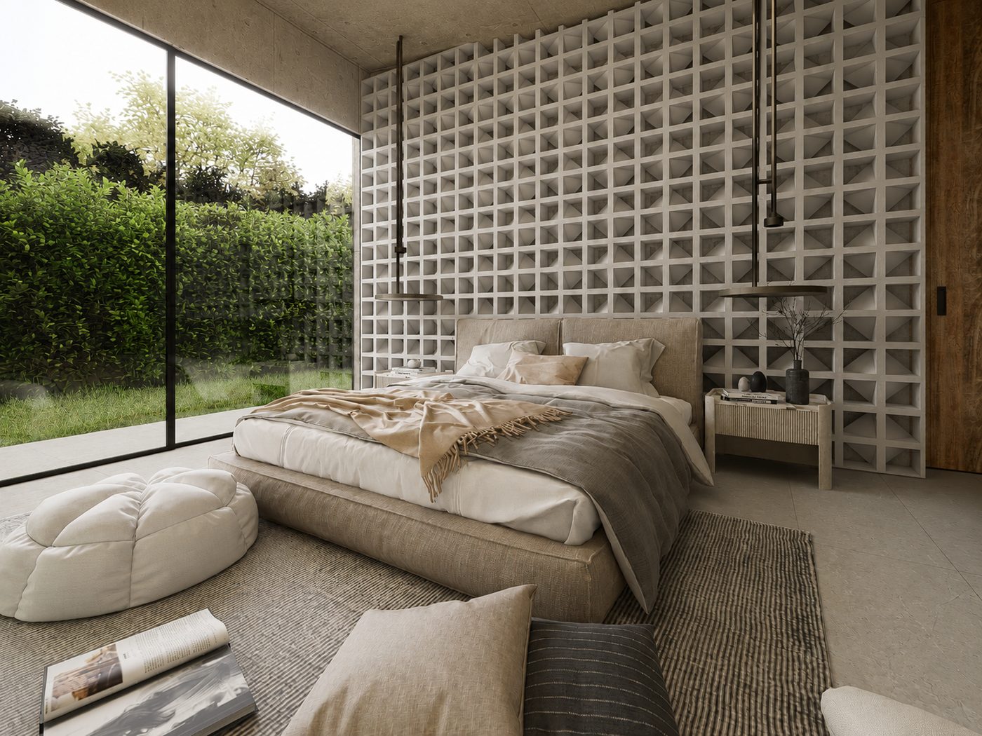 Dormitorio con muro de concreto y ventanal al jardín