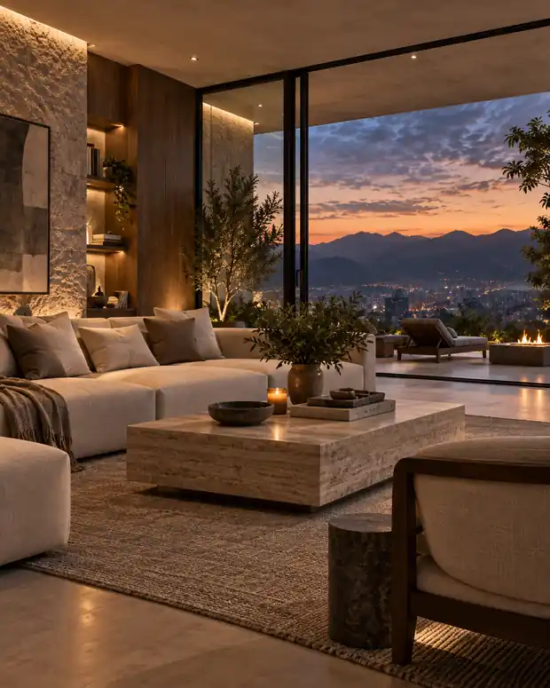 Interior residencial contemporáneo con iluminación cálida y vista urbana